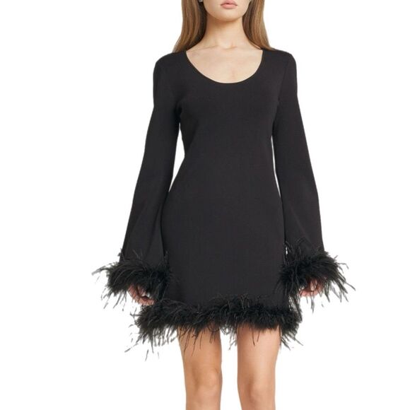 NWT WAYF (Where Are You From) “Karlie” black feather trim long sleeve mini dress - Picture 2 of 13